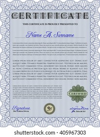 Plantilla de diploma o plantilla de certificado. Con un fondo de calidad. Patrón vectorial que se utiliza en dinero y certificado. Diseño de belleza. Color azul.