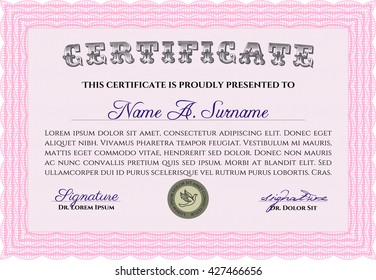 Plantilla de diploma o plantilla de certificado. Con un fondo de calidad. Patrón vectorial que se utiliza en dinero y certificado. Diseño de belleza. Color rosa.