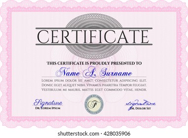 Diploma template or certificate template. With quality background. Vector pattern that is used in money and certificate. Artistry design. Pink color.