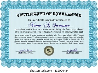 Diploma template or certificate template. With quality background. Beauty design. Vector pattern that is used in money and certificate. Light blue color.