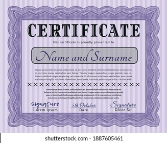 Diploma template or certificate template.  Sophisticated design.  With great quality guilloche pattern.  Vector illustration.  Violet color.