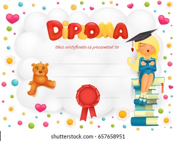 Diploma template certificate with student girl and teddy bear. Vector illustration
