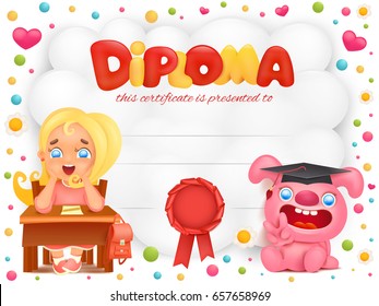 Diploma template certificate with student girl and pink bunny. Vector illustration
