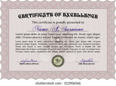 Diploma template or certificate template. Vector pattern that is used in money and certificate.Lovely design. With complex linear background. 