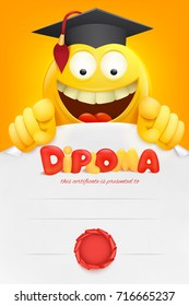 Diploma template certificate with yellow emoji smiley cartoon character. Vector illustration.
