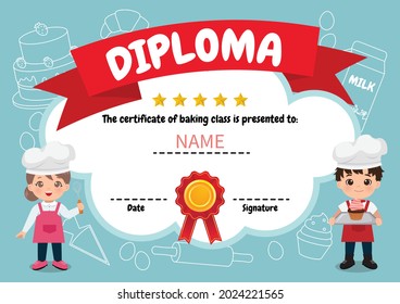 Diploma template for children baking class. Flat vector cartoon style