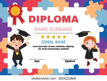 Diploma template for children graduation. Flat vector cartoon style