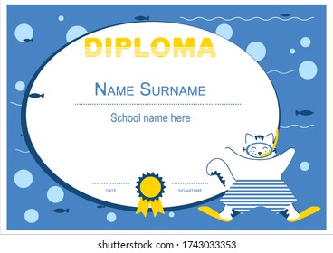 Diploma template for children. Marine subjects, cats.