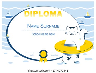 Diploma template for children. Marine subjects, cats.