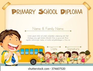 Diploma template with children and schoolbus illustration