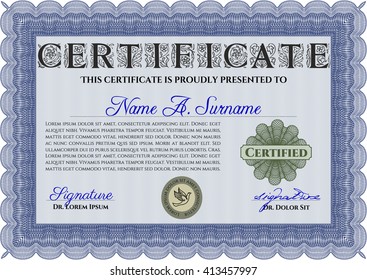 Diploma template. With complex background. Excellent design. Vector illustration. Blue color.