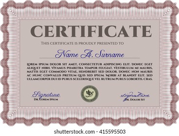 Diploma template. With complex background. Excellent design. Vector illustration. Red color.