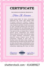 Diploma template. With complex background. Lovely design. Vector illustration. Pink color.
