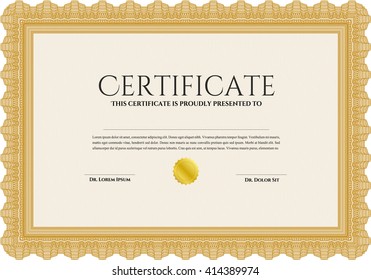 Diploma template. With complex background. Lovely design. Vector illustration. Orange color.