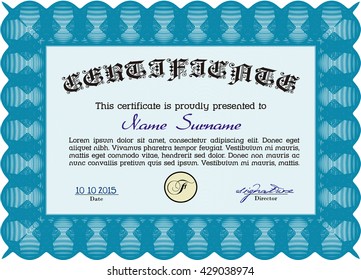 Plantilla de diploma. Con un fondo complejo. Bonito diseño. Ilustración vectorial. Color azul claro.