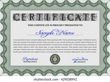 Diploma template. With complex background. Lovely design. Vector illustration. Green color.