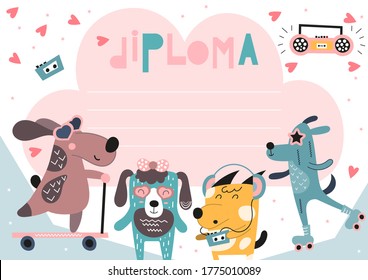Diploma template with cool disco dogs in doodle cartoon style, certificate background for school, preschool, kindergarten. Vector illustration.