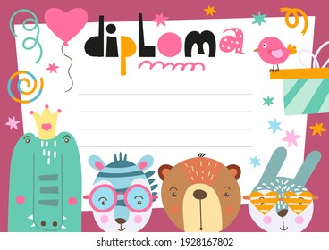 Diploma template with cute animals in doodle cartoon style, certificate background for school, preschool, kindergarten. Vector illustration. Place for text.