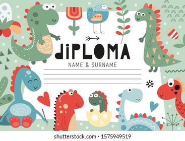 Diploma template with cute dinosaurs for kids. Certificate background with hand drawn funny dino for school, preschool, kindergarten. Vector illustration. Place for text.