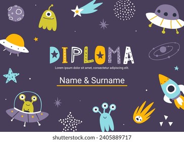 Diploma template with cute doodle space for kids. Certificate design with cosmic design for competition.