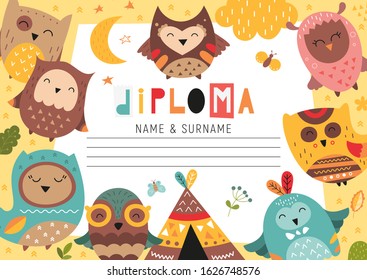 Diploma template with cute owls for kids, certificate background with hand drawn owl for school, preschool, kindergarten. Vector illustration. Place for text.