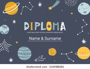 Diploma template with cute planets. Space vector certificate design for children competition.