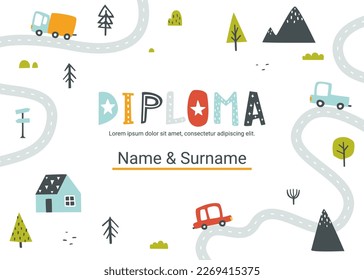 Diploma template with cute scandinavian vehicles for kids. Certificate design with abstract landscape for competition.