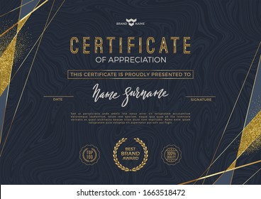 Diploma template design. Vector illustration. Certificate template with luxury golden elements on marble texture.