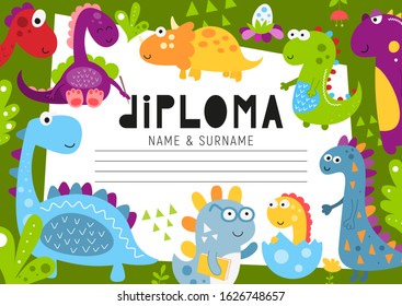 Diploma template with dino for kids, certificate background with hand drawn cute dinosaurs for school, preschool, kindergarten. Vector illustration. Place for text.