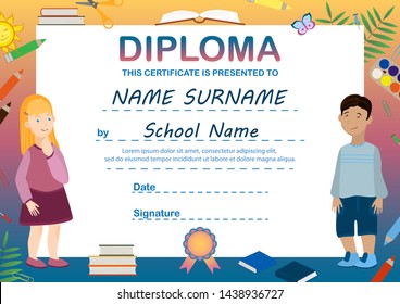 Preschool Kids Diploma Cartoon Certificate Template Stock Vector ...