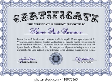 Plantilla de diploma. Excelente diseño. Con fondo. Borde, marco. Color azul.