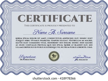 Diploma template. Excellent design. With background. Border, frame. Blue color.