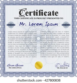 Diploma template. Excellent design. With background. Border, frame. Blue color.
