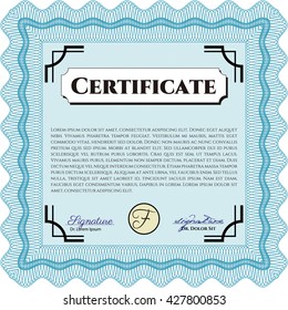 Diploma template. Excellent design. With background. Border, frame. Light blue color.