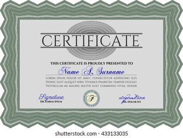 Diploma template. Excellent design. Border, frame. With background. Green color.