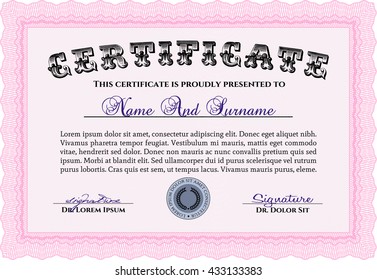Plantilla de diploma. Excelente diseño. Borde, marco. Con fondo. Color rosa.