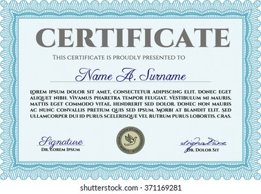 Diploma template. Excellent design. With complex background. Vector illustration. Light blue color.