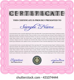 Diploma template. Excellent design. With complex background. Vector illustration. Pink color.