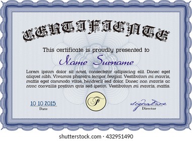 Diploma template. Excellent design. With complex background. Vector illustration. Blue color.