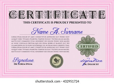 Diploma template. Excellent design. With complex background. Vector illustration. Pink color.