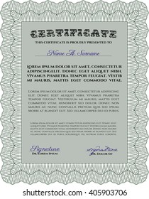 Diploma template. Excellent design. Vector illustration. With complex background. Green color.