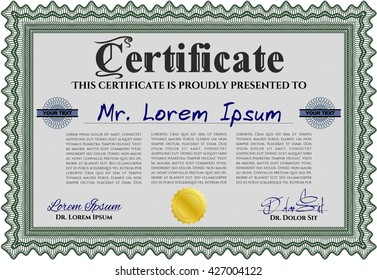 Diploma template. Excellent design. Vector illustration. With complex background. Green color.