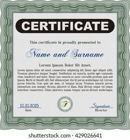 Diploma template. Excellent design. Vector illustration. With complex background. Green color.