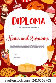 Diploma template. Fast food, desserts and drinks vector certificate or award. Vertical diploma with background frame of egg burger, Hong Kong ice cream, pancake, churros and shawarma, corn and simit