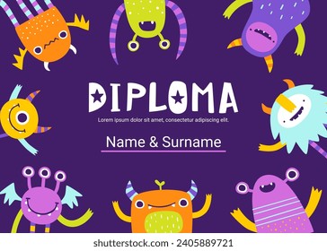 Diploma template with funny doodle monsters for kids. Certificate design with abstract creatures for competition.