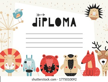 Diploma template with funny scandinavian animals in cartoon style, certificate background for school, preschool, kindergarten. Vector illustration. Place for text.