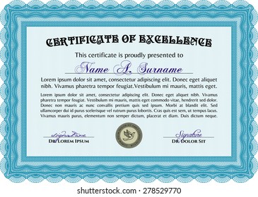 Diploma template. With guilloche pattern and background. Artistry design. Vector certificate template.