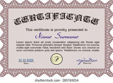 Diploma template. With guilloche pattern. Modern design. Frame certificate template Vector.