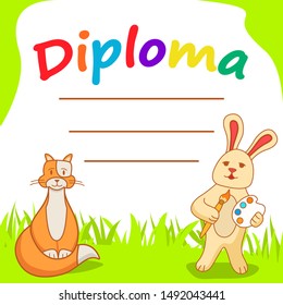 Diploma template for kids.The cartoon a Hare artist with paints and a ginger cat. Flat illustration vector.Kindergarten certificate.