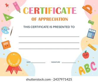 Diploma template for kids, certificate of appreciation. Certificate of achievement in competition. Modern colorful template for school, preschool, playschool, kindergarten, primary grades, summer camp